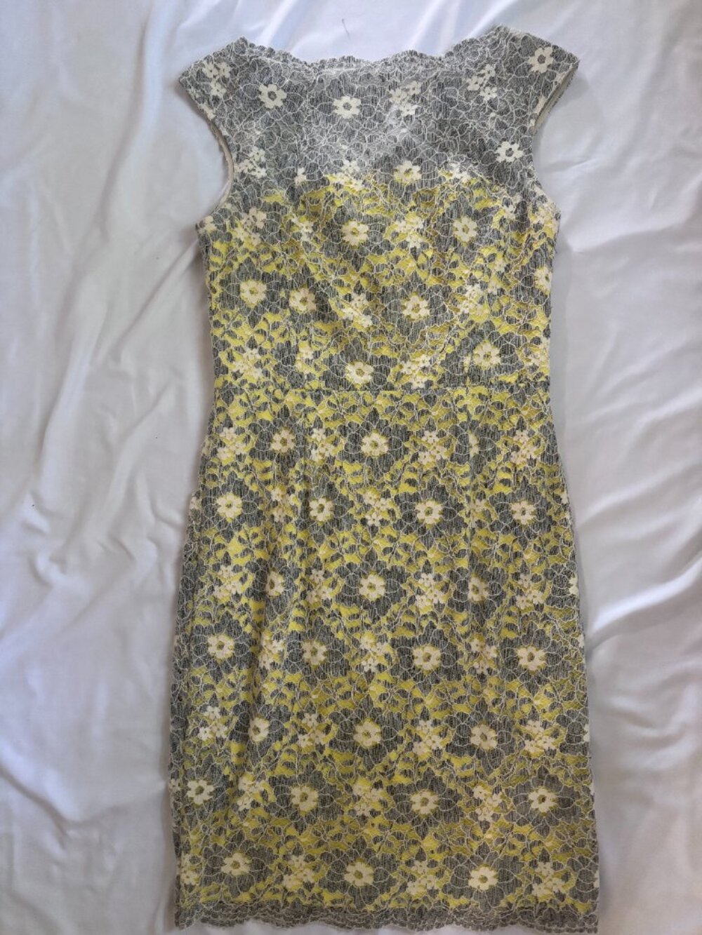 Maggy London Grey Floral Lace Sheath Dress with Yellow Lining Size 8